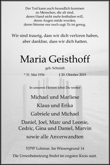 Anzeige von Maria Geisthoff von Kölner Stadt-Anzeiger / Kölnische Rundschau / Express