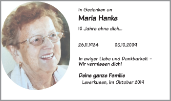 Anzeige von Maria Hanke von Kölner Stadt-Anzeiger / Kölnische Rundschau / Express