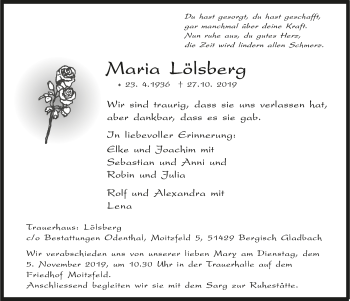 Anzeige von Maria Lölsberg von  Bergisches Handelsblatt 