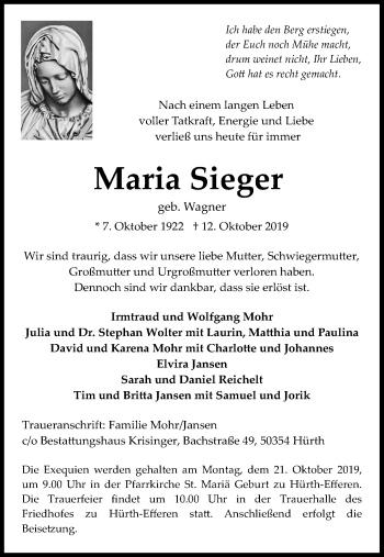 Anzeige von Maria Sieger von Kölner Stadt-Anzeiger / Kölnische Rundschau / Express
