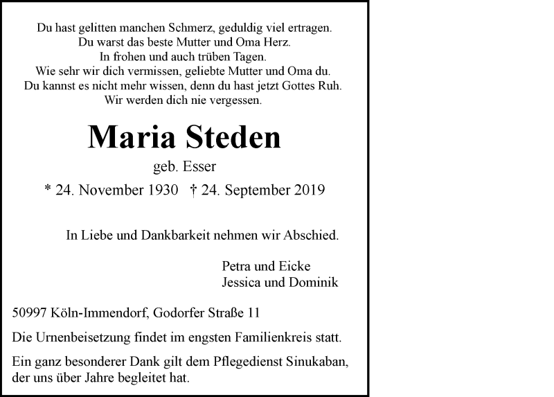  Traueranzeige für Maria Steden vom 02.10.2019 aus  Kölner Wochenspiegel 