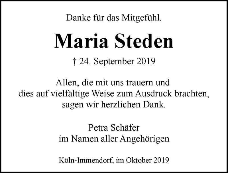  Traueranzeige für Maria Steden vom 16.10.2019 aus  Kölner Wochenspiegel 