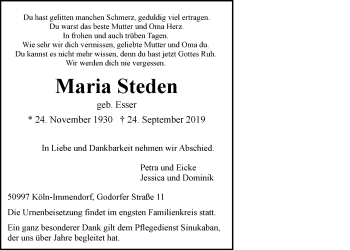 Anzeige von Maria Steden von  Kölner Wochenspiegel 