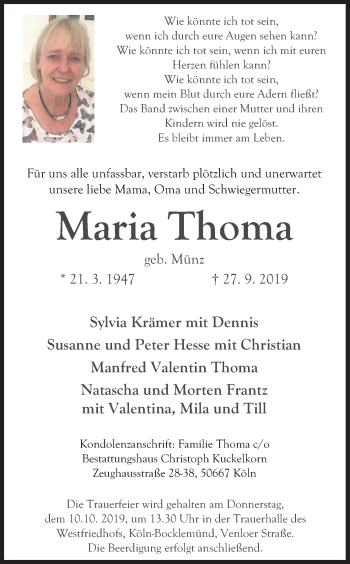 Anzeige von Maria Thoma von Kölner Stadt-Anzeiger / Kölnische Rundschau / Express