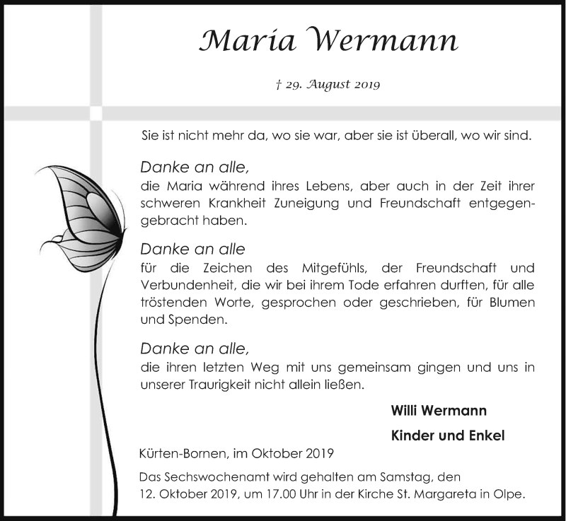  Traueranzeige für Maria Wermann vom 05.10.2019 aus Kölner Stadt-Anzeiger / Kölnische Rundschau / Express
