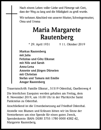 Anzeige von Maria Margarete Rautenberg von Kölner Stadt-Anzeiger / Kölnische Rundschau / Express