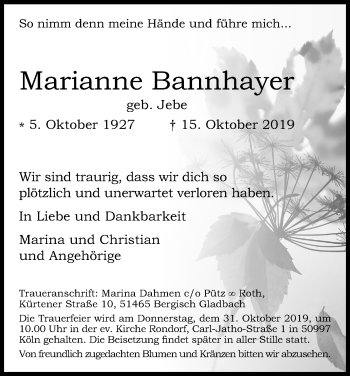 Anzeige von Marianne Bannhayer von Kölner Stadt-Anzeiger / Kölnische Rundschau / Express