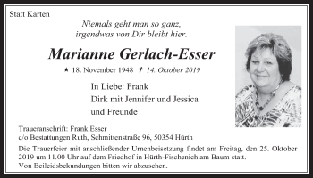 Anzeige von Marianne Gerlach-Esser von  Wochenende 