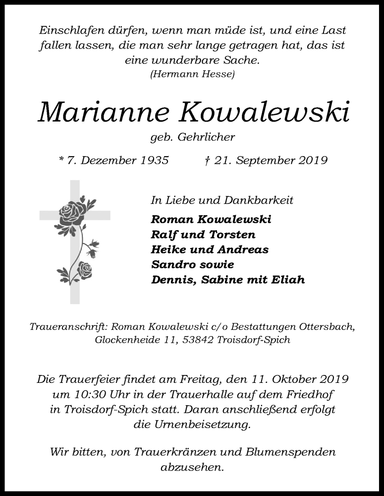  Traueranzeige für Marianne Kowalewski vom 05.10.2019 aus Kölner Stadt-Anzeiger / Kölnische Rundschau / Express