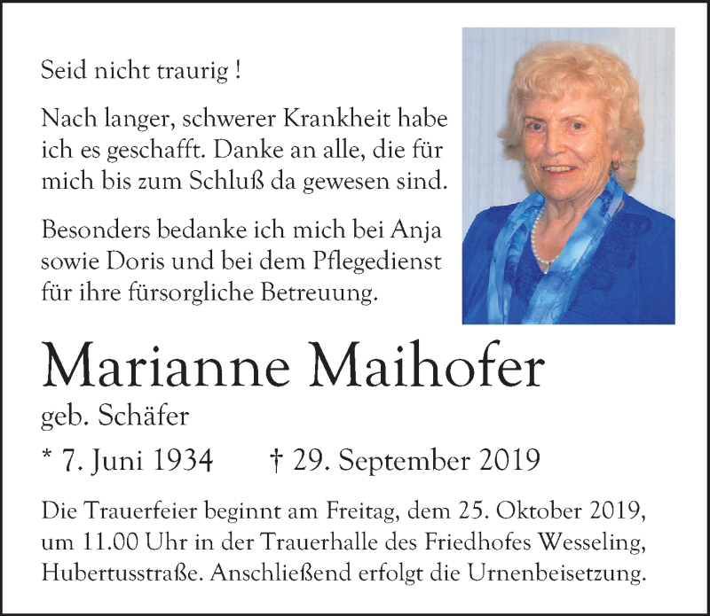  Traueranzeige für Marianne Maihofer vom 16.10.2019 aus  Schlossbote/Werbekurier 