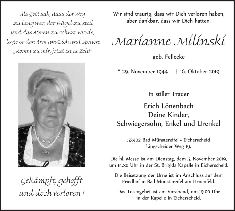  Traueranzeige für Marianne Milinski vom 26.10.2019 aus  Blickpunkt Euskirchen 