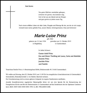 Anzeige von Marie-Luise Prinz von Kölner Stadt-Anzeiger / Kölnische Rundschau / Express