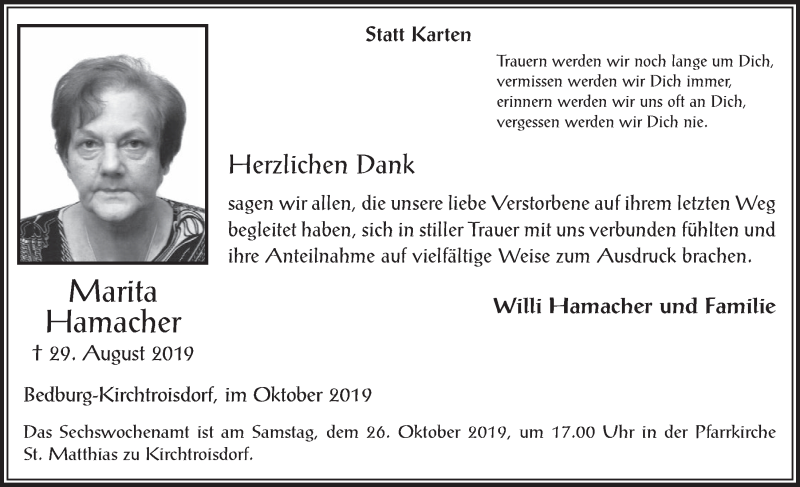  Traueranzeige für Marita Hamacher vom 16.10.2019 aus  Werbepost 