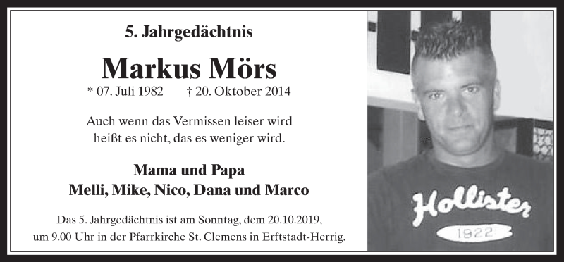  Traueranzeige für Markus Mörs vom 16.10.2019 aus  Werbepost 