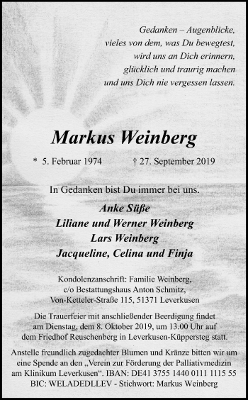 Anzeige von Markus Weinberg von Kölner Stadt-Anzeiger / Kölnische Rundschau / Express