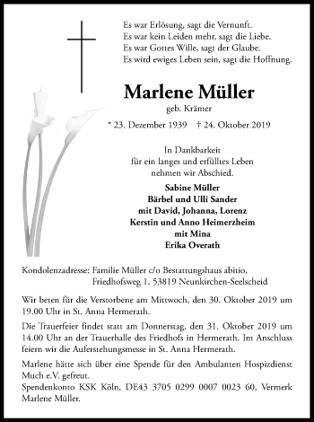 Anzeige von Marlene Müller von Kölner Stadt-Anzeiger / Kölnische Rundschau / Express