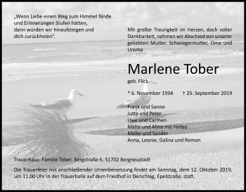 Anzeige von Marlene Tober von Kölner Stadt-Anzeiger / Kölnische Rundschau / Express