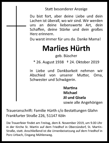 Anzeige von Marlies Hürth von  Kölner Wochenspiegel 