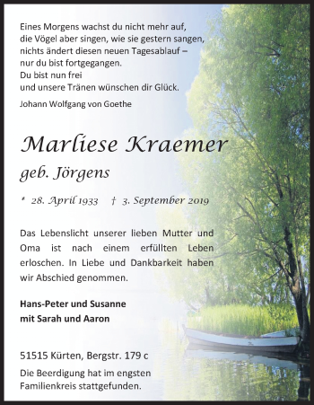 Anzeige von Marliese Kraemer von Kölner Stadt-Anzeiger / Kölnische Rundschau / Express