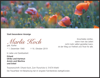 Anzeige von Marlis Koch von Kölner Stadt-Anzeiger / Kölnische Rundschau / Express