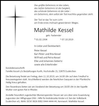 Anzeige von Mathilde Kessel von Kölner Stadt-Anzeiger / Kölnische Rundschau / Express