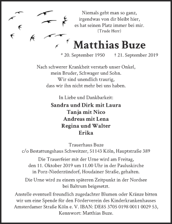 Anzeige von Matthias Buze von  Kölner Wochenspiegel 