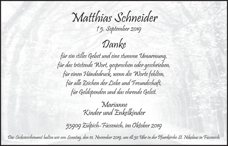  Traueranzeige für Matthias Schneider vom 26.10.2019 aus  Blickpunkt Euskirchen 
