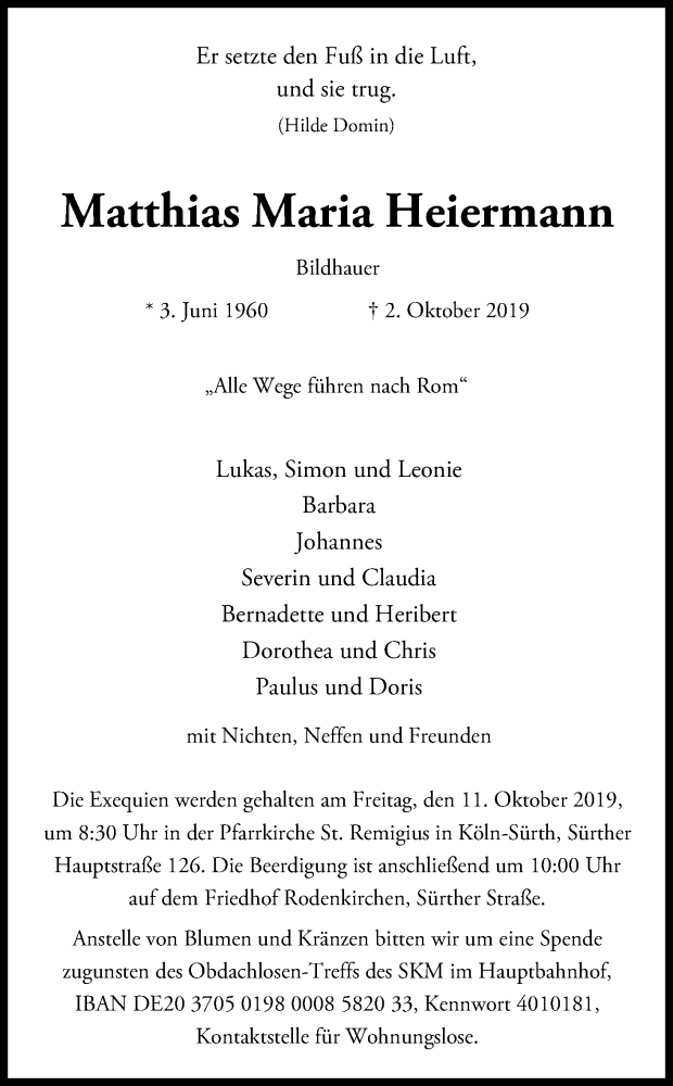  Traueranzeige für Matthias Maria Heiermann vom 05.10.2019 aus Kölner Stadt-Anzeiger / Kölnische Rundschau / Express