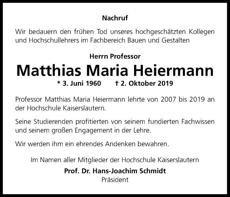  Traueranzeige für Matthias Maria Heiermann vom 19.10.2019 aus Kölner Stadt-Anzeiger / Kölnische Rundschau / Express