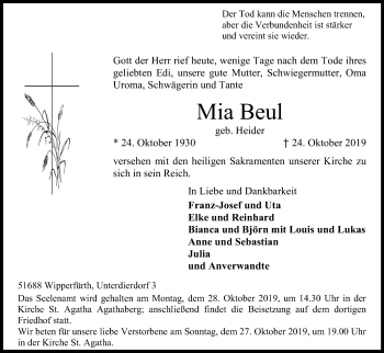 Anzeige von Mia Beul von Kölner Stadt-Anzeiger / Kölnische Rundschau / Express