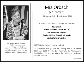 Anzeige von Mia Orbach von Kölner Stadt-Anzeiger / Kölnische Rundschau / Express