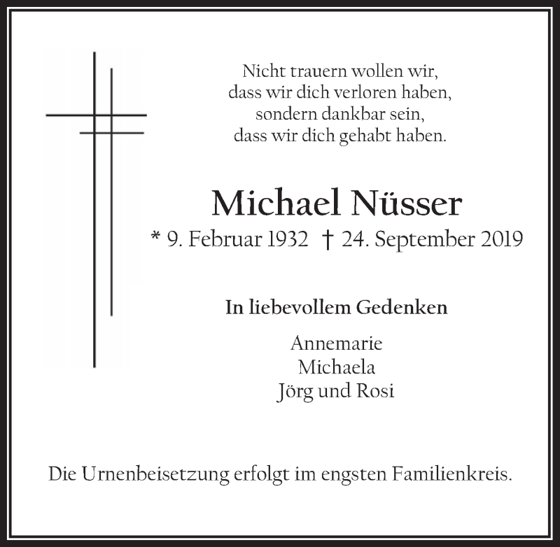  Traueranzeige für Michael Nüsser vom 02.10.2019 aus  Werbepost 