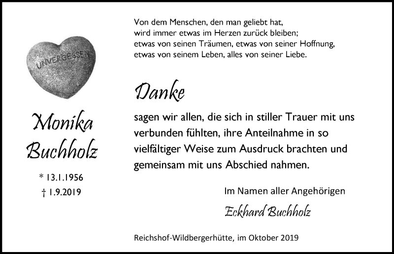  Traueranzeige für Monika Buchholz vom 16.10.2019 aus  Lokalanzeiger 
