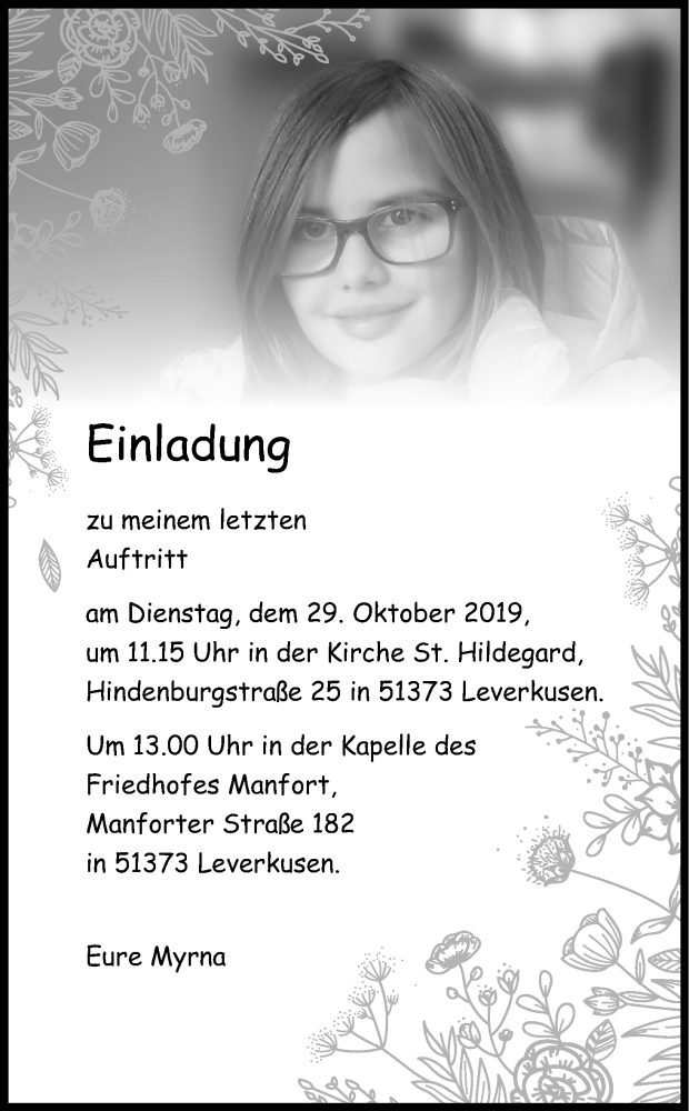  Traueranzeige für Myrna  vom 26.10.2019 aus Kölner Stadt-Anzeiger / Kölnische Rundschau / Express
