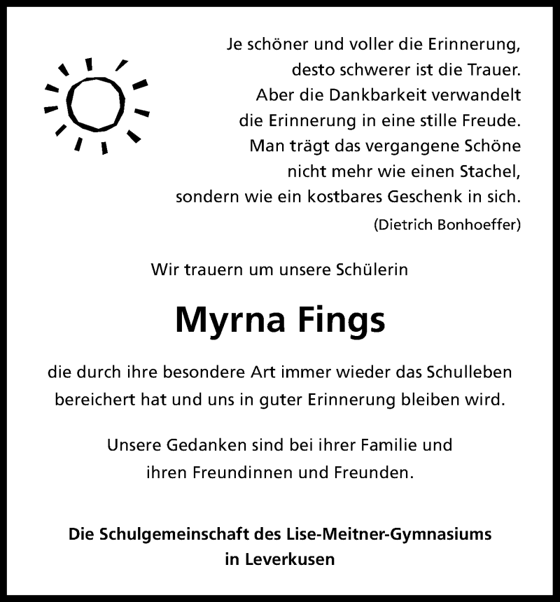  Traueranzeige für Myrna  vom 26.10.2019 aus Kölner Stadt-Anzeiger / Kölnische Rundschau / Express