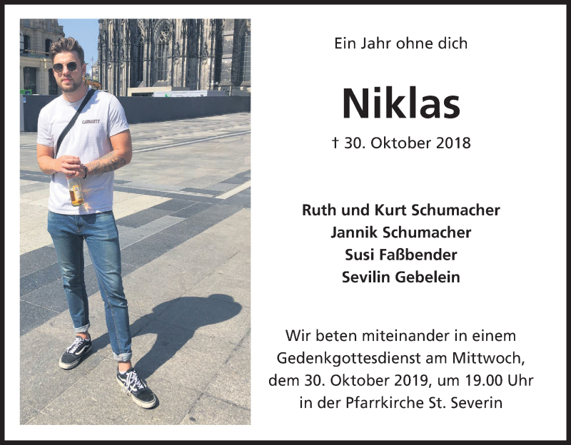  Traueranzeige für Niklas  vom 26.10.2019 aus Kölner Stadt-Anzeiger / Kölnische Rundschau / Express