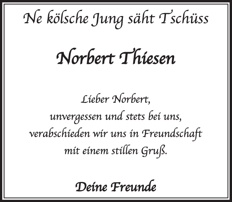  Traueranzeige für Norbert Thiesen vom 19.10.2019 aus  Sonntags-Post 