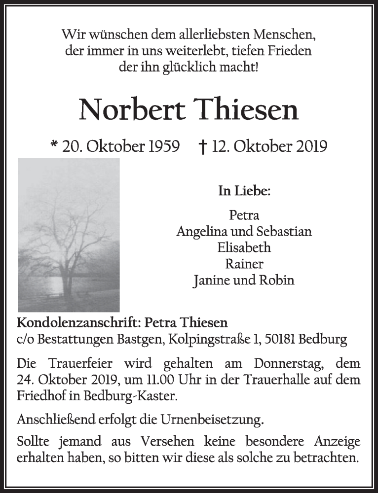  Traueranzeige für Norbert Thiesen vom 19.10.2019 aus  Sonntags-Post 