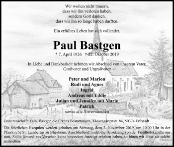 Anzeige von Paul Bastgen von Kölner Stadt-Anzeiger / Kölnische Rundschau / Express