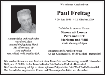Anzeige von Paul Freitag von  Sonntags-Post 