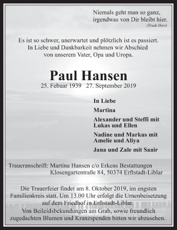 Anzeige von Paul Hansen von  Werbepost 