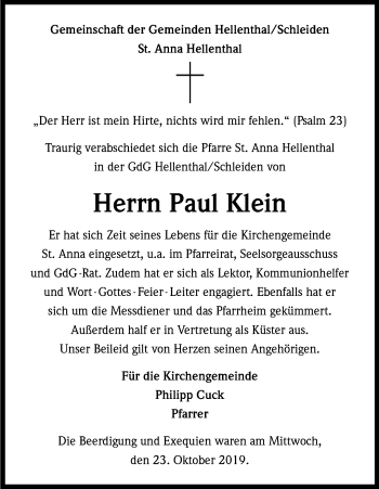 Anzeige von Paul Klein von Kölner Stadt-Anzeiger / Kölnische Rundschau / Express