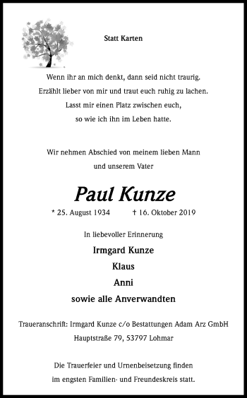 Anzeige von Paul Kunze von Kölner Stadt-Anzeiger / Kölnische Rundschau / Express