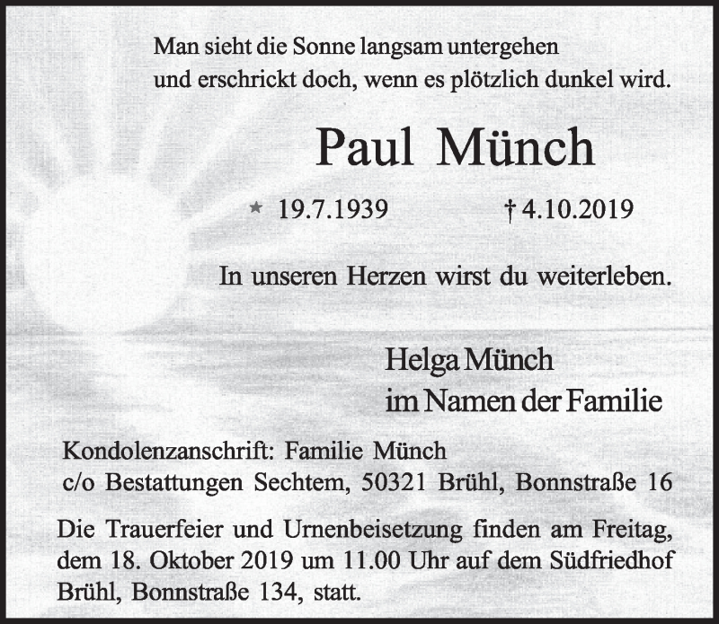  Traueranzeige für Paul Münch vom 09.10.2019 aus  Schlossbote/Werbekurier 