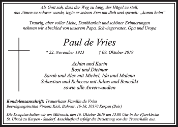 Anzeige von Paul de Vries von  Sonntags-Post 