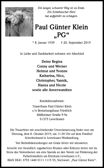 Anzeige von Paul Günter Klein von Kölner Stadt-Anzeiger / Kölnische Rundschau / Express