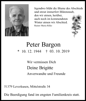 Anzeige von Peter Bargon von Kölner Stadt-Anzeiger / Kölnische Rundschau / Express