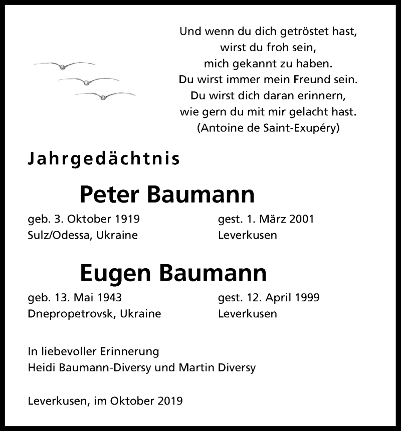 Traueranzeige für Peter Baumann vom 05.10.2019 aus Kölner Stadt-Anzeiger / Kölnische Rundschau / Express