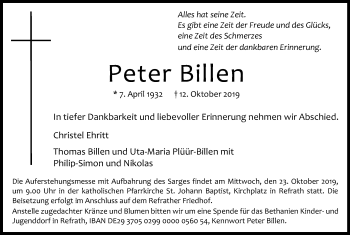 Anzeige von Peter Billen von Kölner Stadt-Anzeiger / Kölnische Rundschau / Express