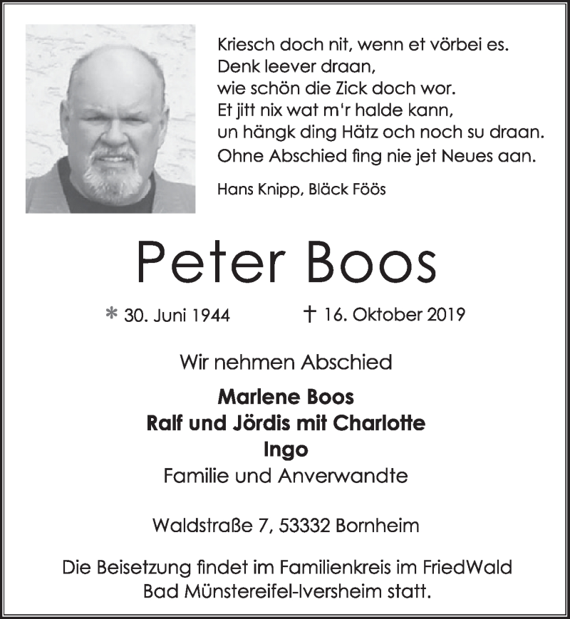  Traueranzeige für Peter Boos vom 23.10.2019 aus  Schlossbote/Werbekurier 